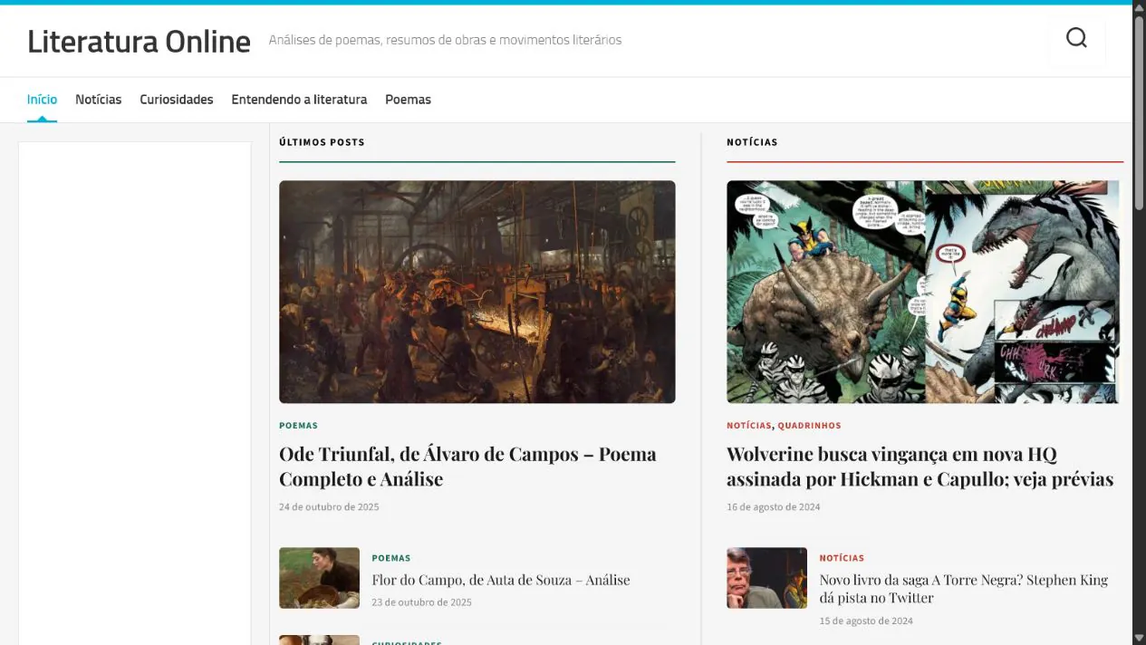 Página inicial do portal Literatura Online